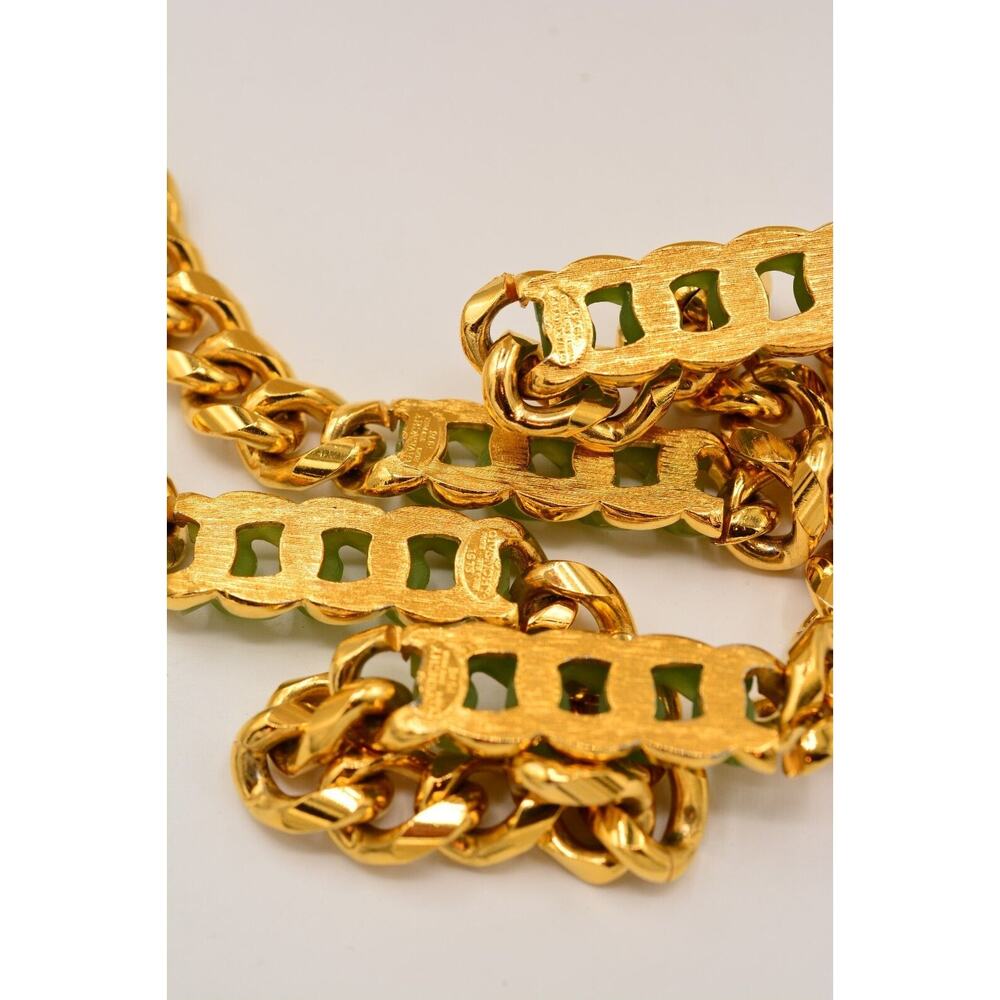 Givenchy Vintage Cuban Chain Necklace Gold Green Cabochon Heavy Signed 70s BinL - Picture 11 of 12